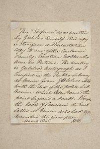 Note Pasted on to the Front Board of Difesa, 1845